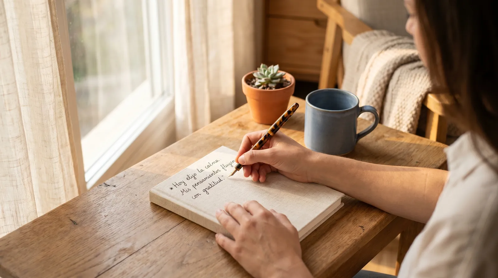 Manos escribiendo a mano en un cuaderno junto a una ventana con luz cálida